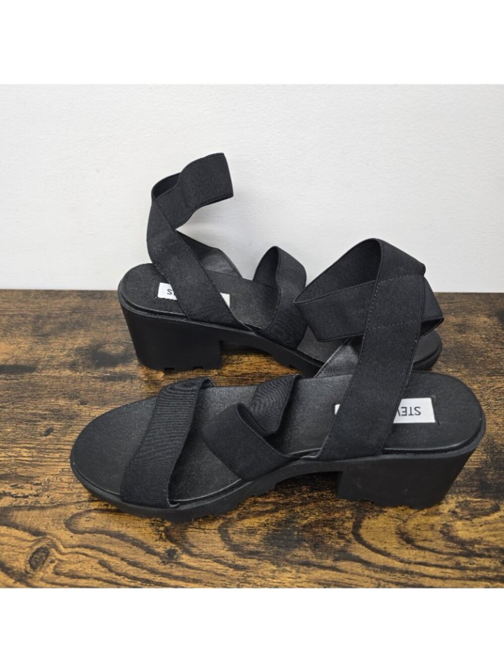 Steve Madden Haidar Sandals Womens 8 Lugsole Heeled Strappy Stretch Fabric Black - Picture 7 of 8